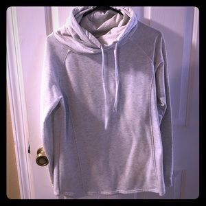 heathered white gray cowl neck shirt sweatshirt.